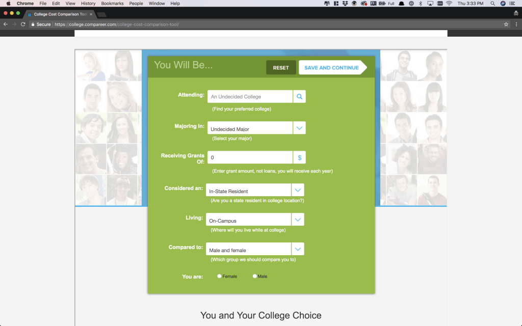 College Comparison Tool Data Entry Window