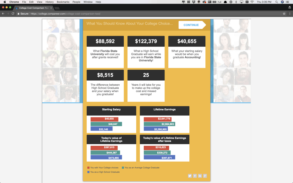 College Comparison Tool Results Window